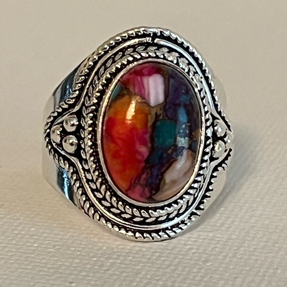 SOLID 925 STERLING SILVER GEMSTONE RING PINK SPINY OYSTER TURQUOISE SIZE 8.75
